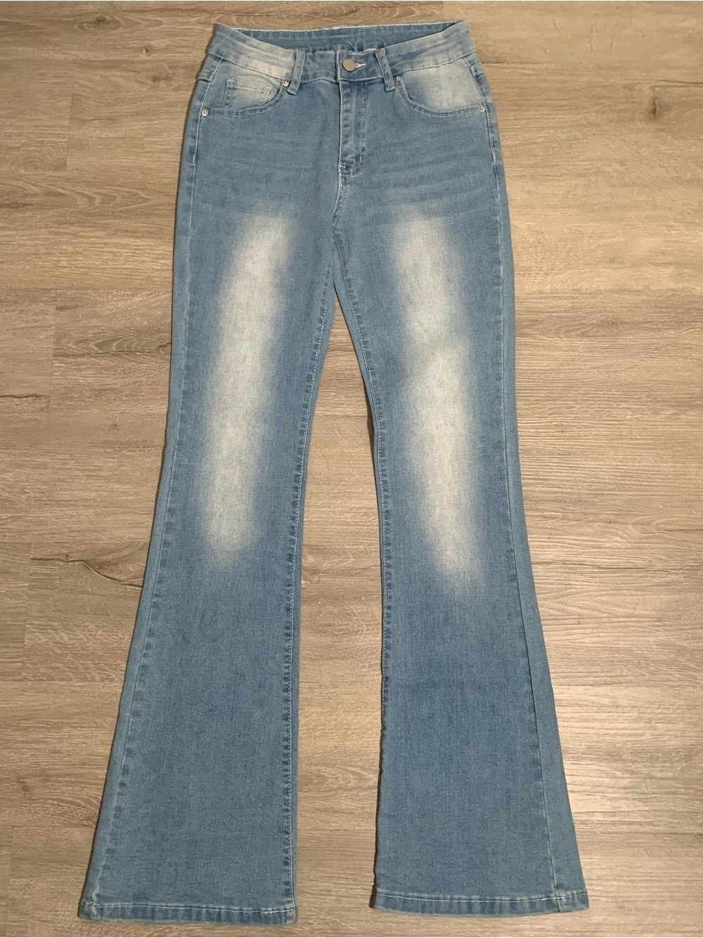 SHEIN Faded Light Blue Flare Jeans with Studded Embellished Pockets